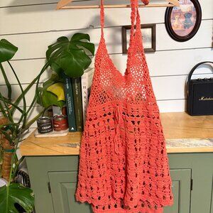 Free People Crochet Halter Dress – Size Large (Radiant Watermelon)